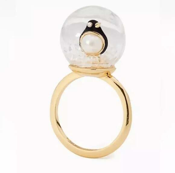 Kate Spade Arctic Friends Penguin Snow Globe Gold Tone Ring - Picture 1 of 4